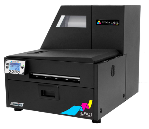 Afinia L801 color label printer on a workbench, ready to print roll labels.