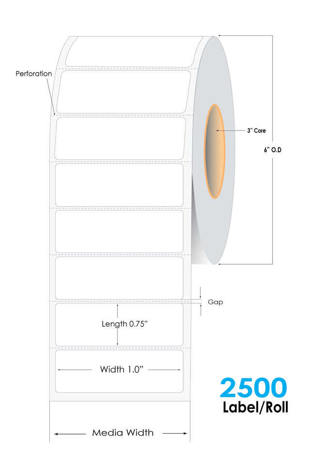 Roll of C8000 1.0 x 0.75 inch inkjet matte paper labels with 3" core and 6" outer diameter
