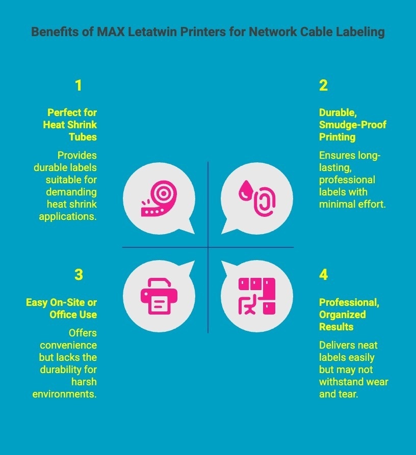 Infographics on Benefits of MAX Letatwin Printers for Network Cable Labeling Infographics on Benefits of MAX Letatwin Printers for Network Cable Labeling
