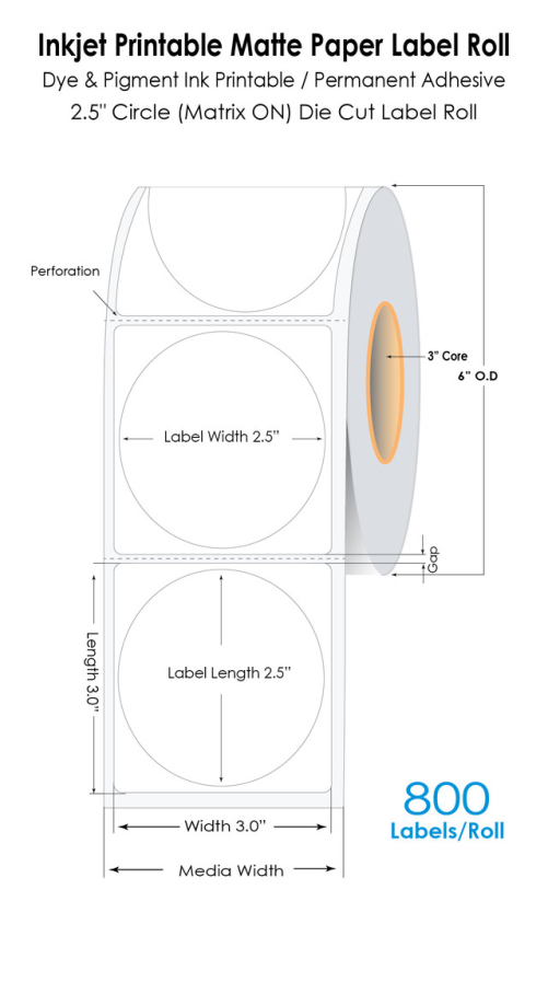 C6500 2.5" Circle Matte Paper Label 800/Roll (in 3x3 label)