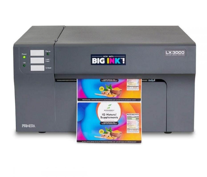 Primera LX3000 color label printer loaded and printing labels in a business setting.