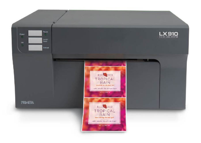Primera LX910 high-resolution color label printer using dye ink for vivid product labels.