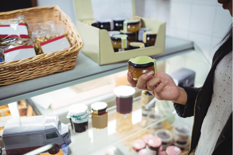 A woman holding a small product at a store