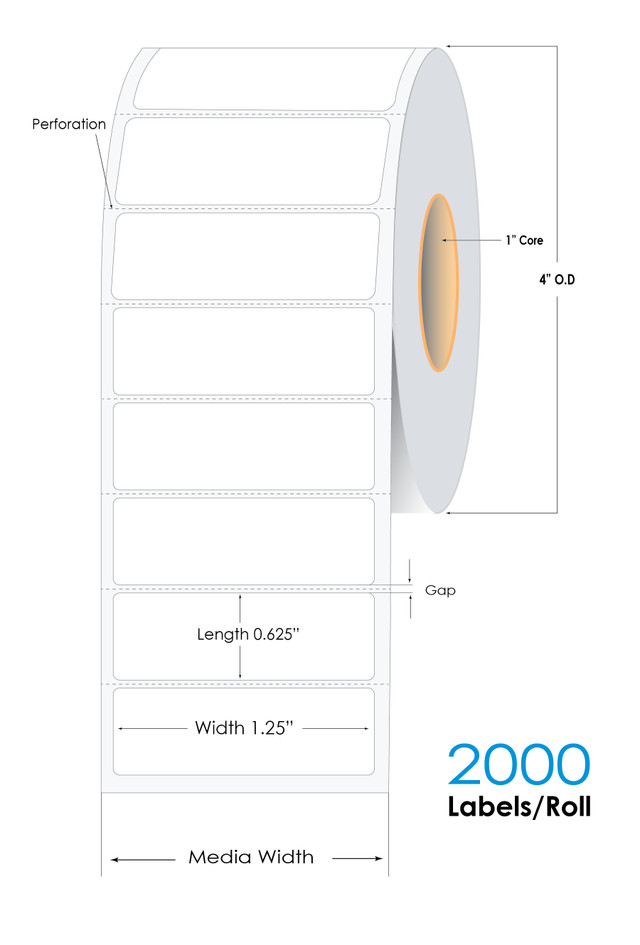 Roll of 1.25 x 0.625 inch thermal transfer glossy polyester labels with strong adhesive